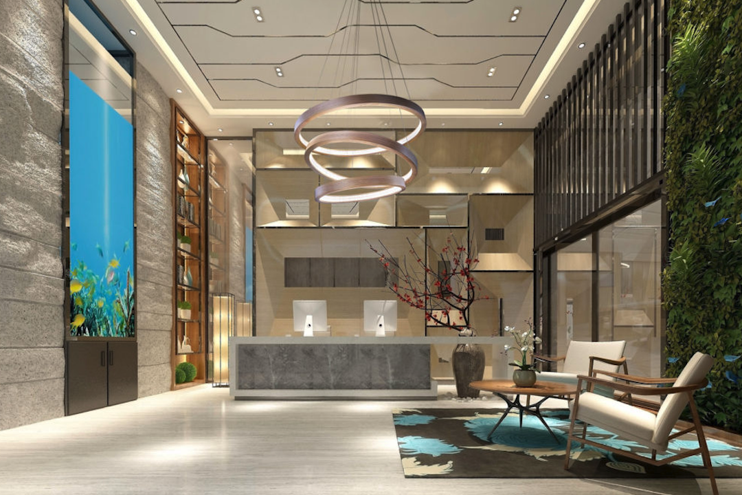 La Maestosità dell’Illuminazione: Lampadario Contemporaneo Oversize per l’Area di Accoglienza dell’Hotel